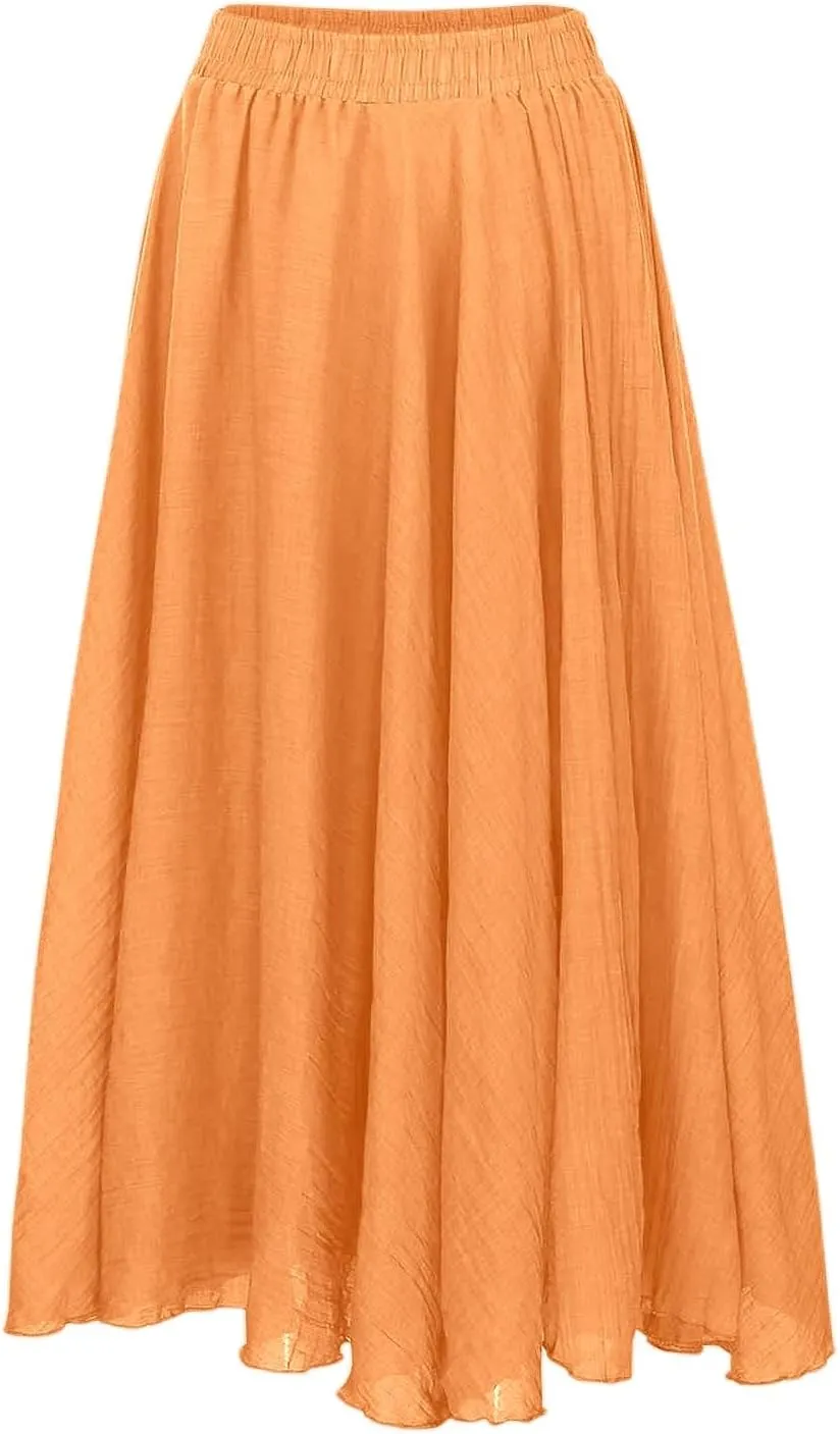A Line Skirt for Women Trendy Flared High Elastic Waist Solid Loose Pleated Long Skirts for Summer Vacation Streetwear