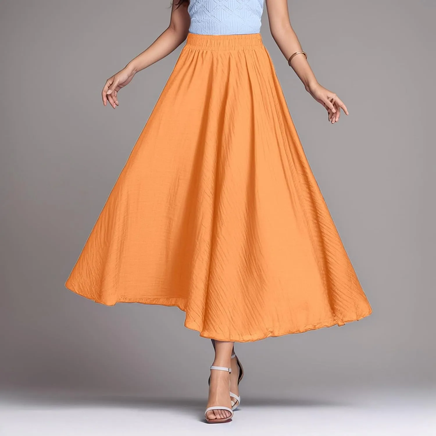 A Line Skirt for Women Trendy Flared High Elastic Waist Solid Loose Pleated Long Skirts for Summer Vacation Streetwear