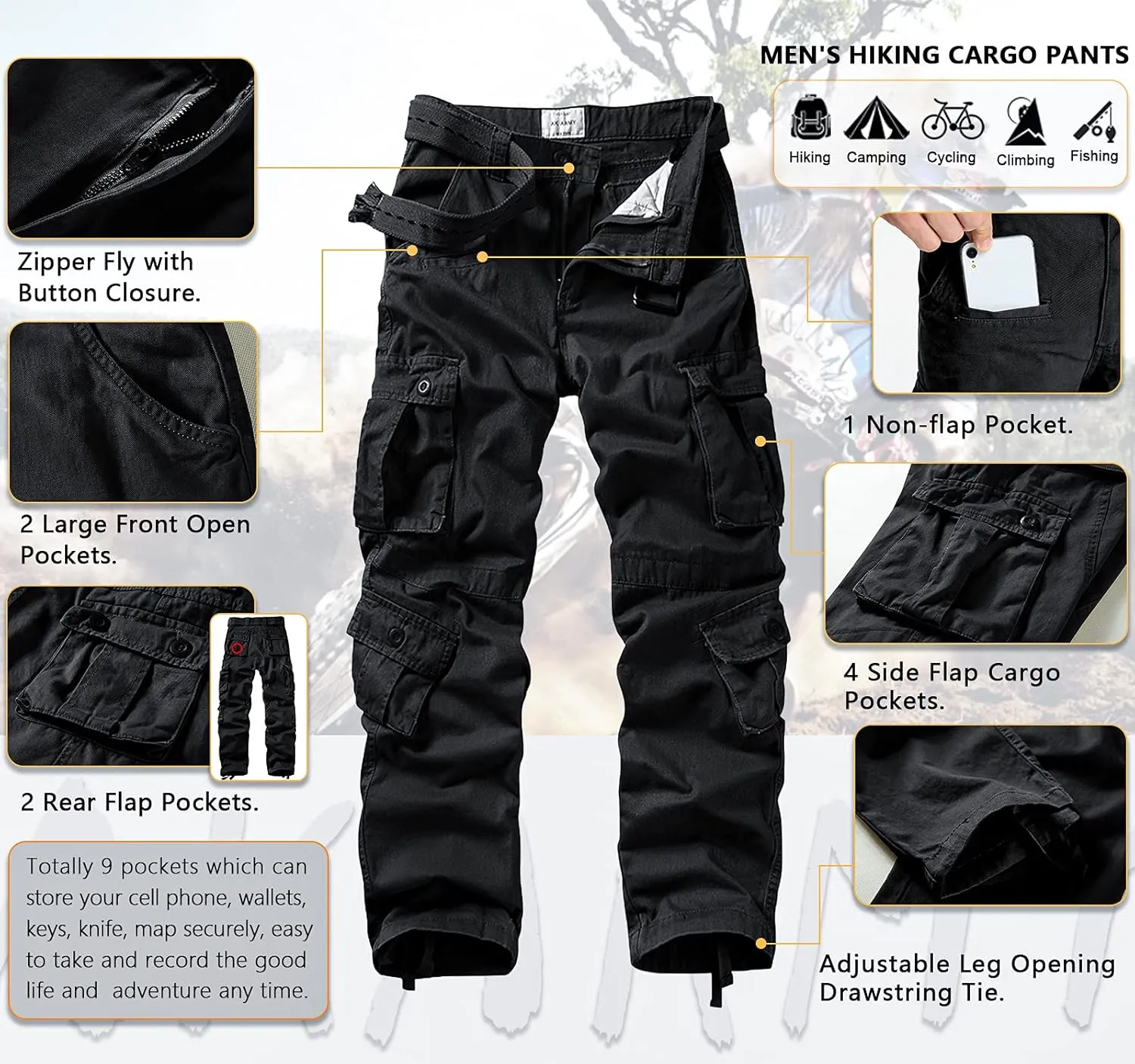 AKARMY Men's Casual Relaxed Fit Cargo Pants with Pockets, Outdoor Camo Cotton Work Pants for Men(No Belt)
