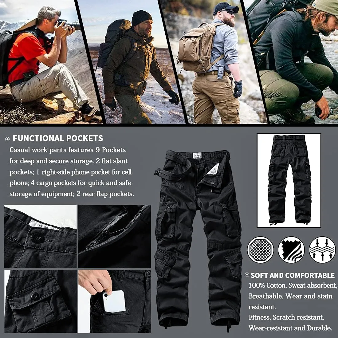 AKARMY Men's Casual Relaxed Fit Cargo Pants with Pockets, Outdoor Camo Cotton Work Pants for Men(No Belt)