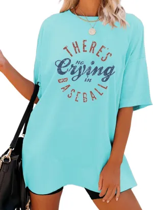 Baseball Mom Shirt Women Theres No Crying in Baseball Shirt Crew Neck Oversized Tshirts Graphic Tees Game Day Tops