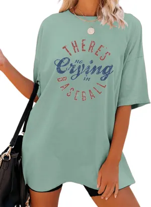 Baseball Mom Shirt Women Theres No Crying in Baseball Shirt Crew Neck Oversized Tshirts Graphic Tees Game Day Tops