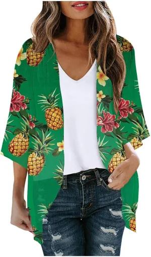 Beach Coverups for Women Floral Printed 3/4 Sleeve Kimono Loose Open Front Cardigan Summer Vacation Outfits