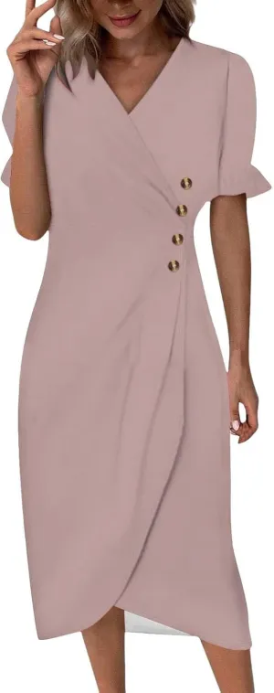 Beach Dresses for Women 2025 Spring Trendy Floral Boho Elegant V Neck Short Sleeve Irregular Hem Midi Dress