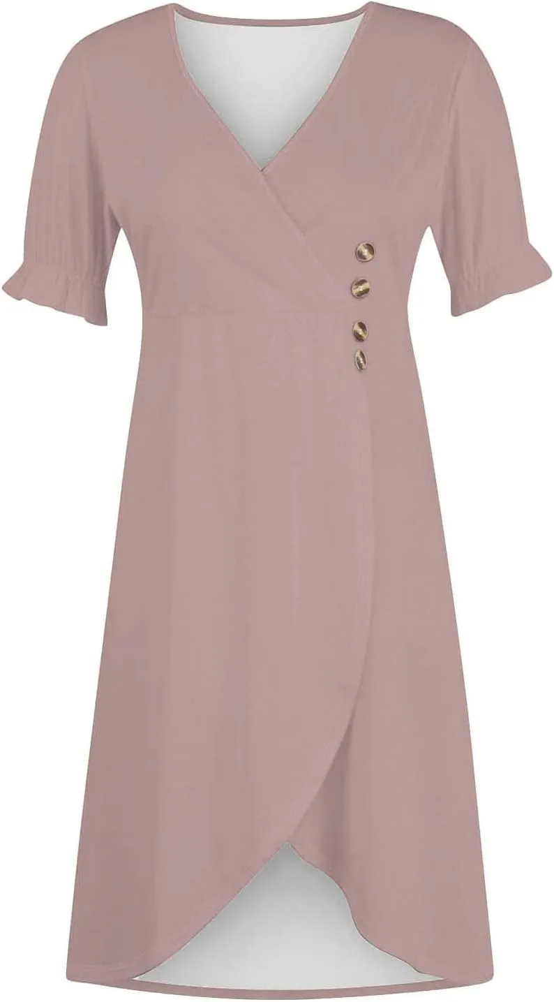 Beach Dresses for Women 2025 Spring Trendy Floral Boho Elegant V Neck Short Sleeve Irregular Hem Midi Dress