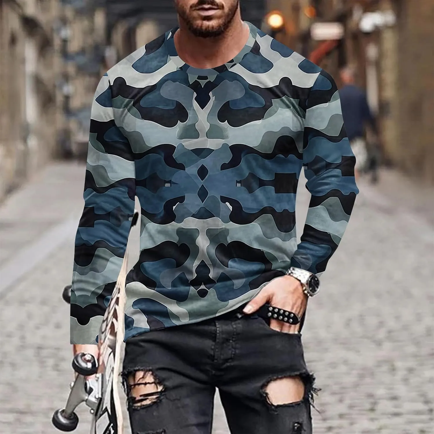 Big and Tall Shirts for Men Long Sleeve Camouflage Print Graphic Pullover Tops Camo Gym Workout Crewneck Sweatshirts