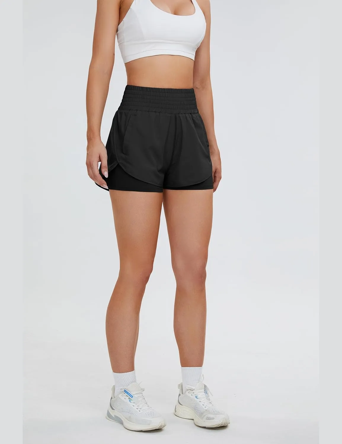 BMJL Women's Running Workout Shorts Elastic High Waist Pocket Short