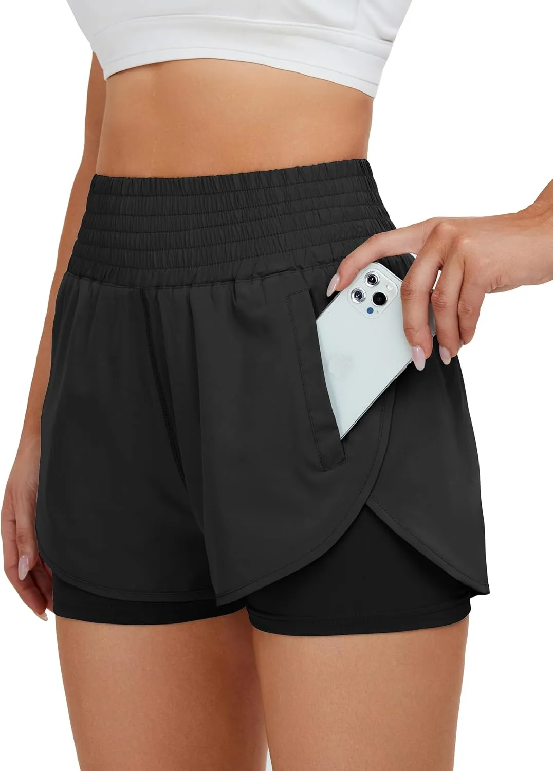 BMJL Women's Running Workout Shorts Elastic High Waist Pocket Short
