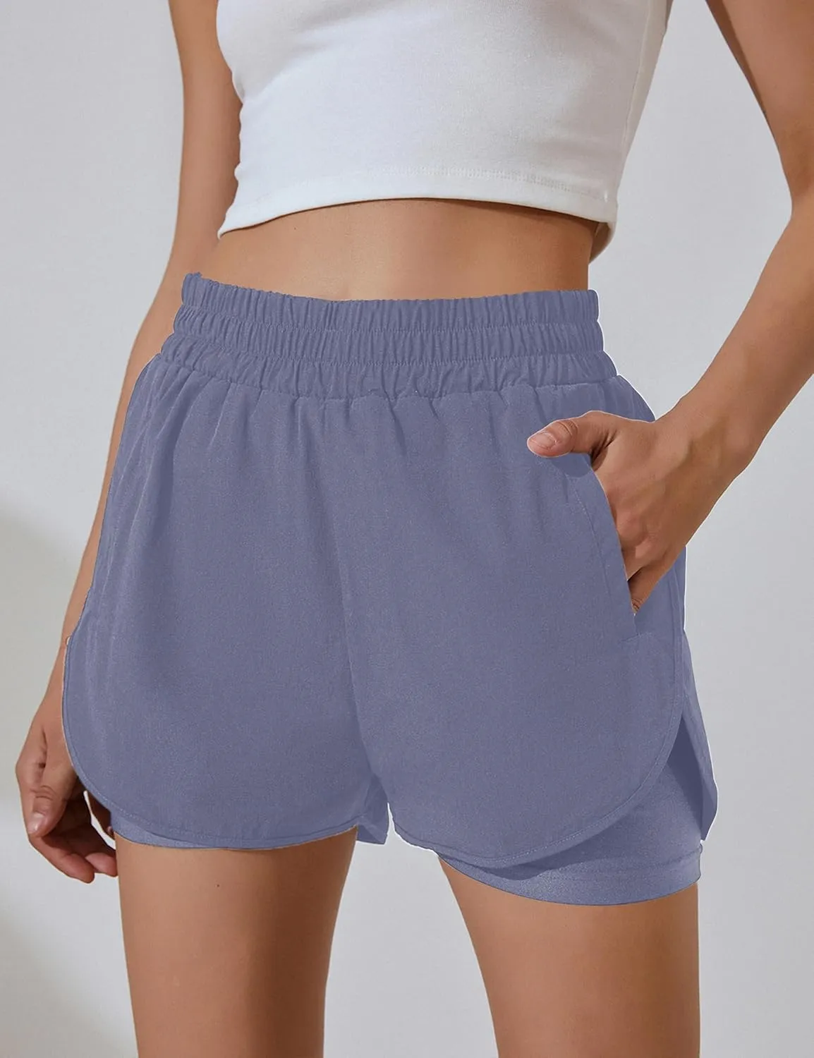 BMJL Women's Running Workout Shorts Elastic High Waist Pocket Short