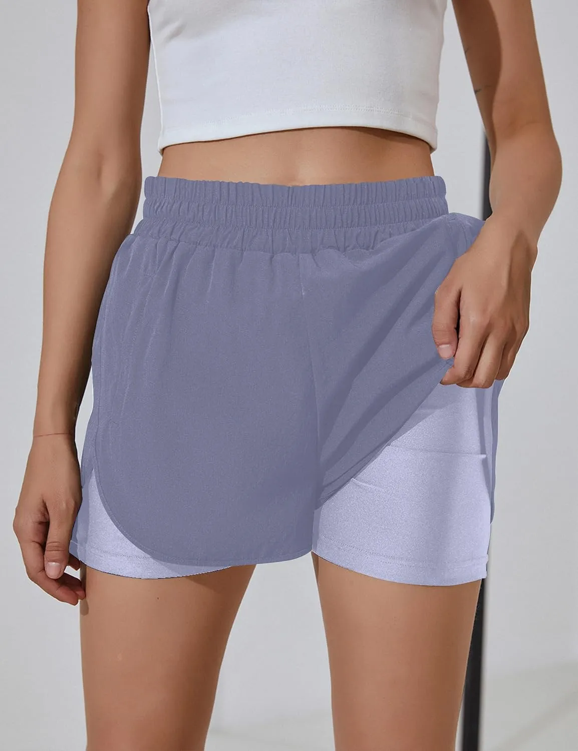 BMJL Women's Running Workout Shorts Elastic High Waist Pocket Short