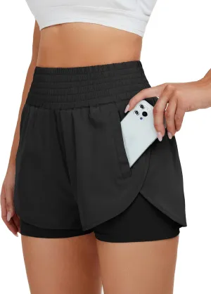 BMJL Women's Running Workout Shorts Elastic High Waist Pocket Short
