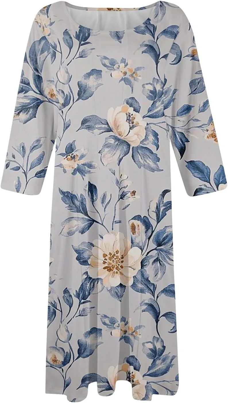 Boho Floral Dress for Women 3/4 Sleeve Summer Wrap Dress Ruched Midi Spring Flowy Vacation Dresses with Pocket