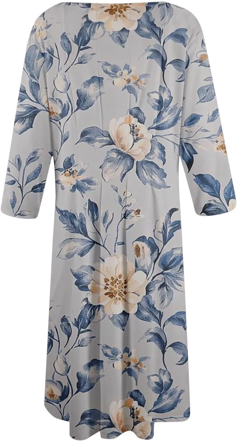 Boho Floral Dress for Women 3/4 Sleeve Summer Wrap Dress Ruched Midi Spring Flowy Vacation Dresses with Pocket