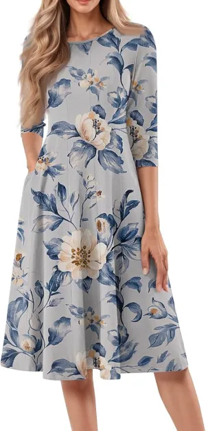 Boho Floral Dress for Women 3/4 Sleeve Summer Wrap Dress Ruched Midi Spring Flowy Vacation Dresses with Pocket