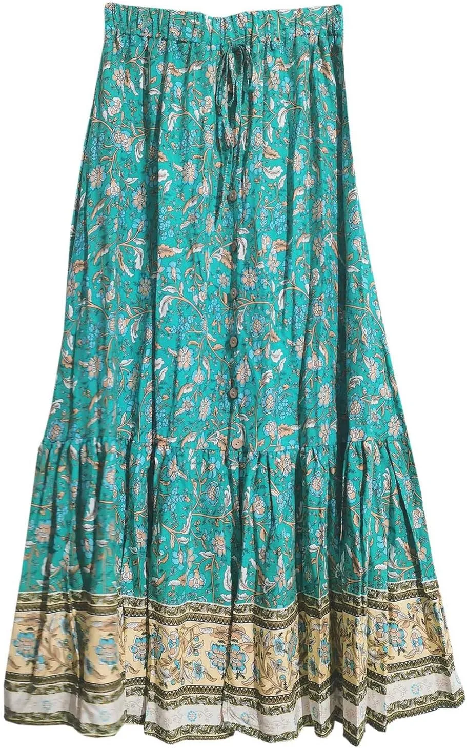 Boho Floral Skirts for Women High Waist Vintage Tiered Ruffled Hem Hawaiian Beach Flowy Maxi Smocked Skirts