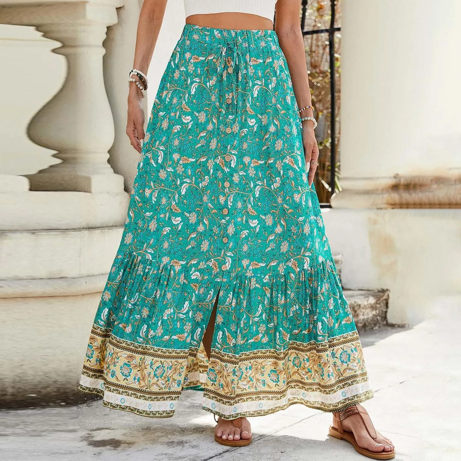 Boho Floral Skirts for Women High Waist Vintage Tiered Ruffled Hem Hawaiian Beach Flowy Maxi Smocked Skirts