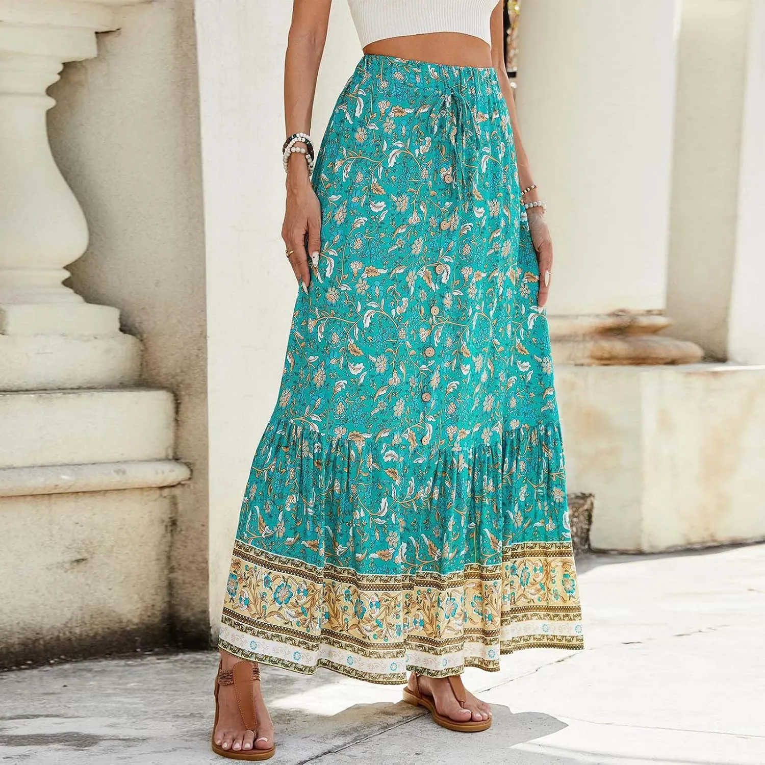 Boho Floral Skirts for Women High Waist Vintage Tiered Ruffled Hem Hawaiian Beach Flowy Maxi Smocked Skirts
