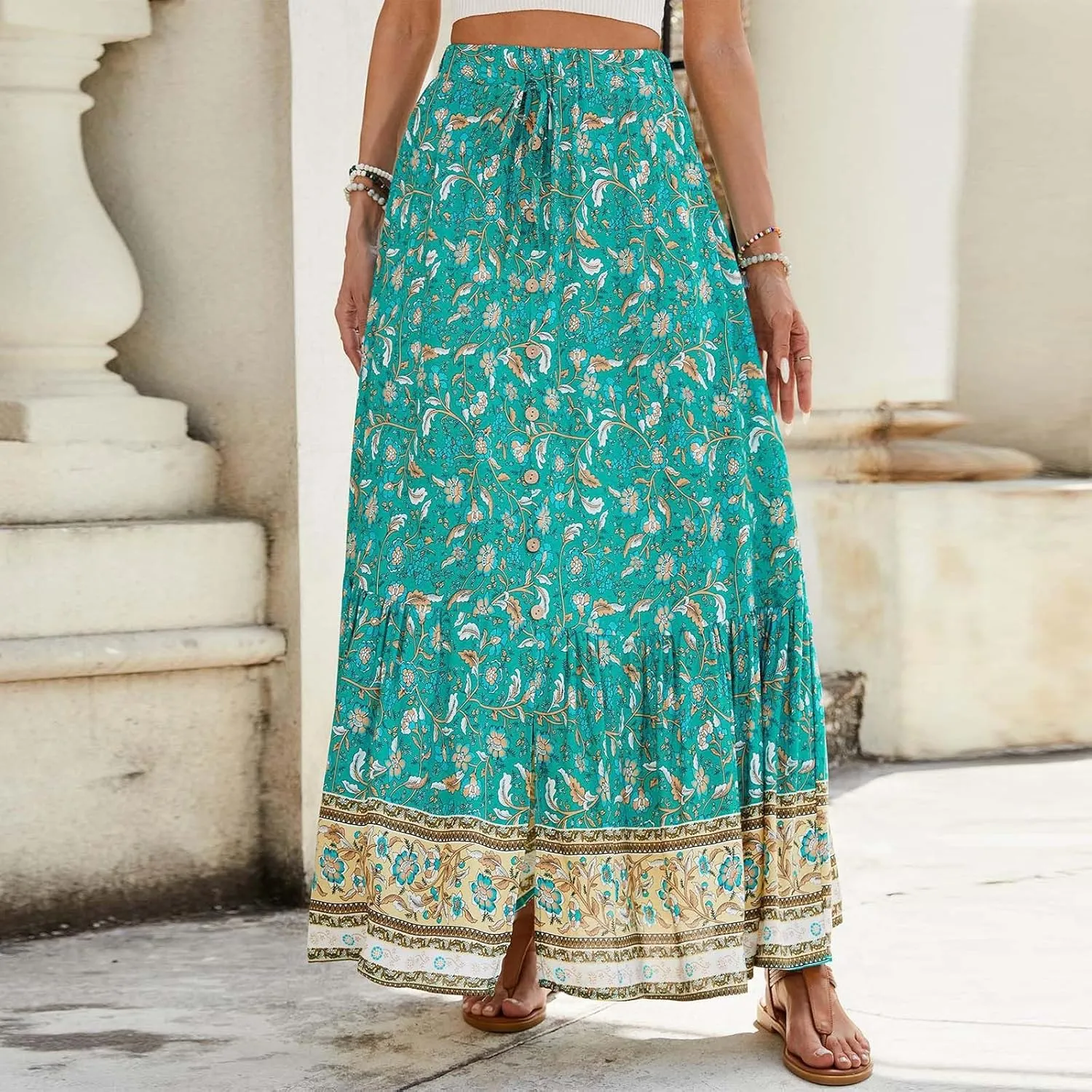 Boho Floral Skirts for Women High Waist Vintage Tiered Ruffled Hem Hawaiian Beach Flowy Maxi Smocked Skirts