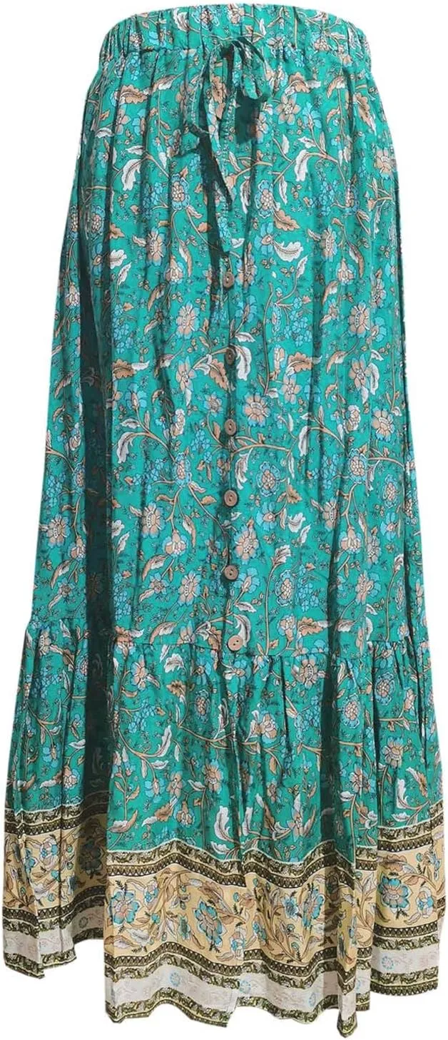 Boho Floral Skirts for Women High Waist Vintage Tiered Ruffled Hem Hawaiian Beach Flowy Maxi Smocked Skirts