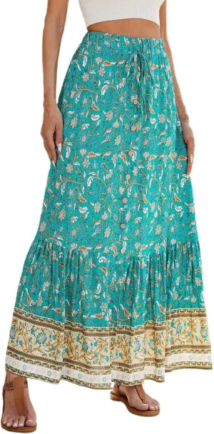 Boho Floral Skirts for Women High Waist Vintage Tiered Ruffled Hem Hawaiian Beach Flowy Maxi Smocked Skirts