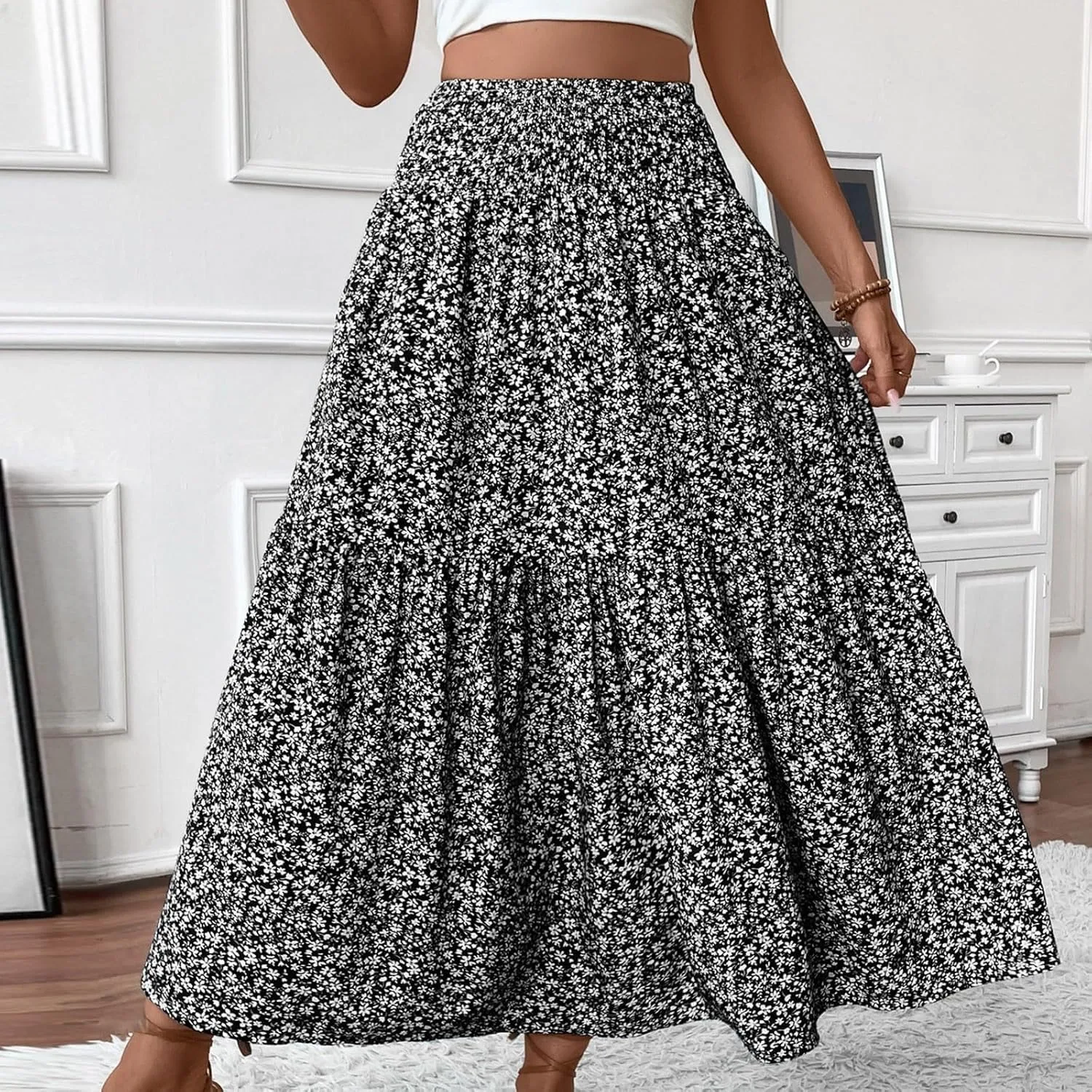 Boho Floral Summer Maxi Skirt Women Elastic High Waist Tiered Pleated Flowy Long Casual Beach Skirt