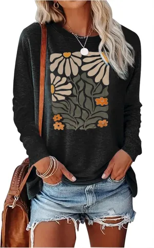 Boho Flower T Shirts for Women Floral Graphic Tees Nashville Music Long Sleeve Shirt Wildflower Causal Loose Tops Outfit
