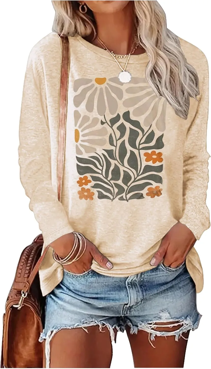 Boho Flower T Shirts for Women Floral Graphic Tees Nashville Music Long Sleeve Shirt Wildflower Causal Loose Tops Outfit