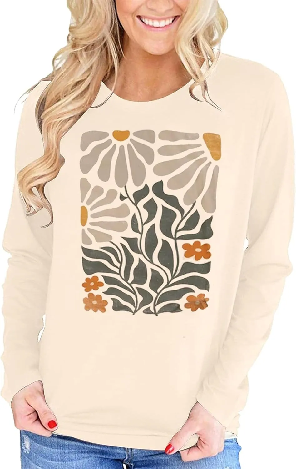 Boho Flower T Shirts for Women Floral Graphic Tees Nashville Music Long Sleeve Shirt Wildflower Causal Loose Tops Outfit