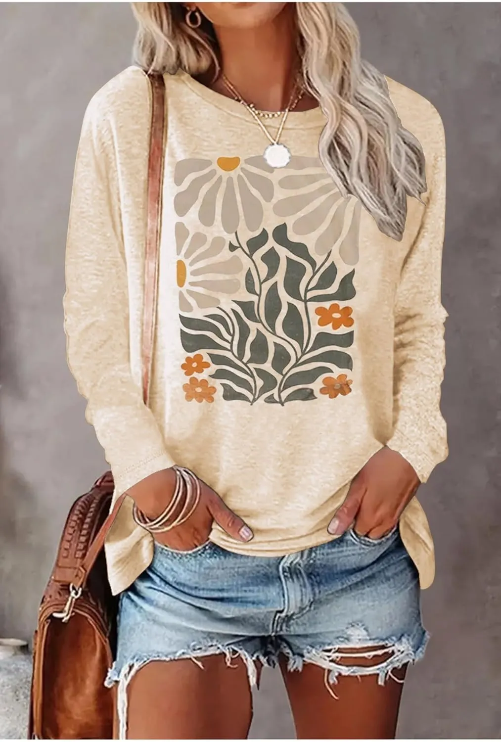 Boho Flower T Shirts for Women Floral Graphic Tees Nashville Music Long Sleeve Shirt Wildflower Causal Loose Tops Outfit