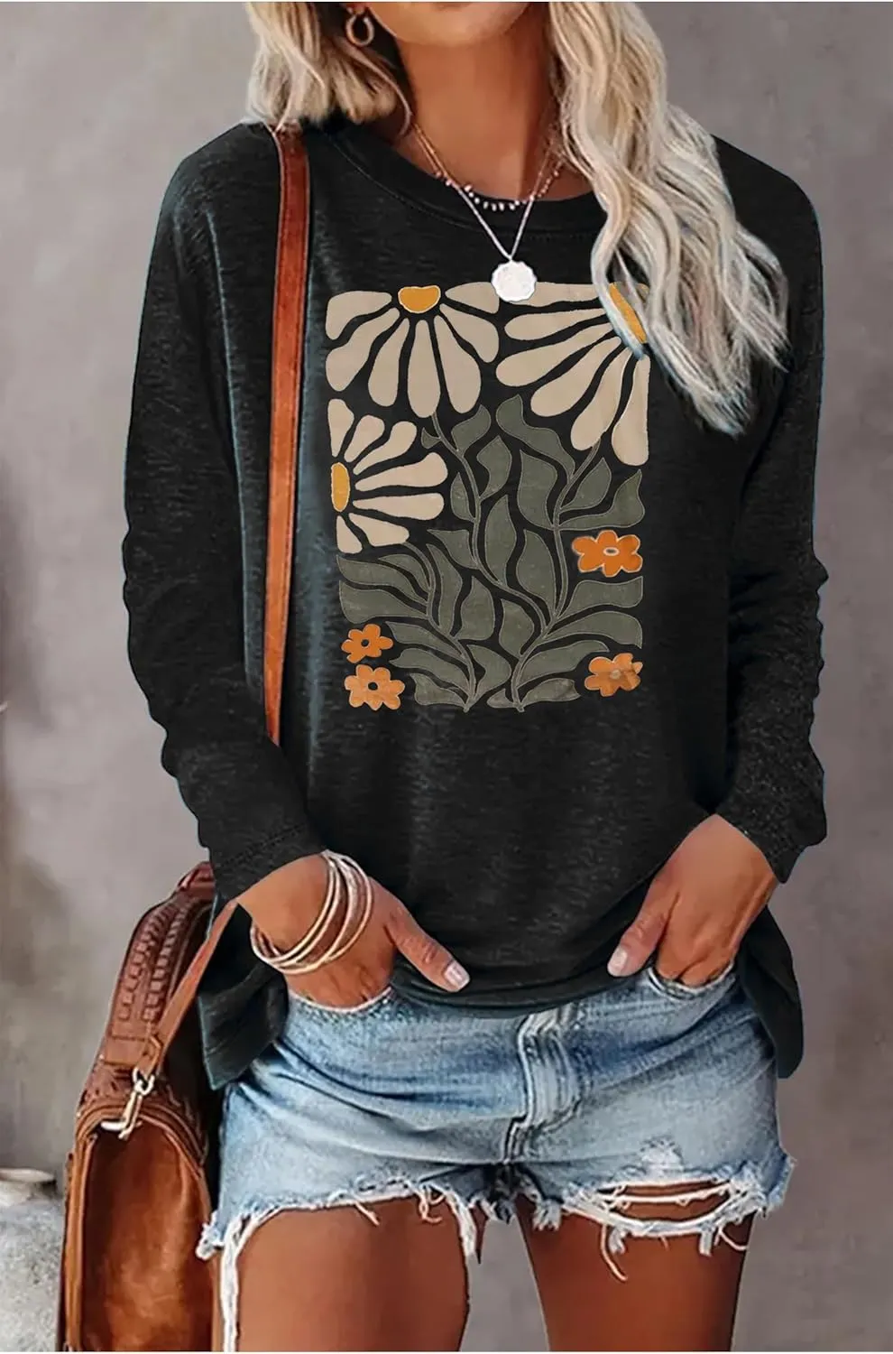 Boho Flower T Shirts for Women Floral Graphic Tees Nashville Music Long Sleeve Shirt Wildflower Causal Loose Tops Outfit