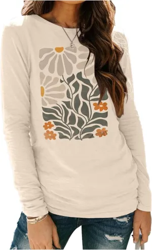 Boho Flower T Shirts for Women Floral Graphic Tees Nashville Music Long Sleeve Shirt Wildflower Causal Loose Tops Outfit