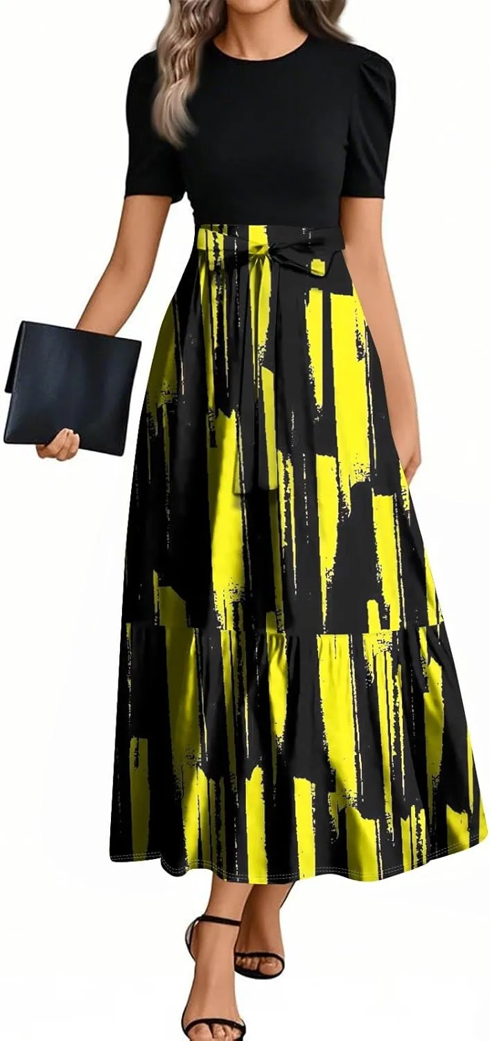 Boho Maxi Dresses Summer Tie Waist Church Dresses Short Sleeve Floral Wrap Dress Cute Beach Wedding with Belt