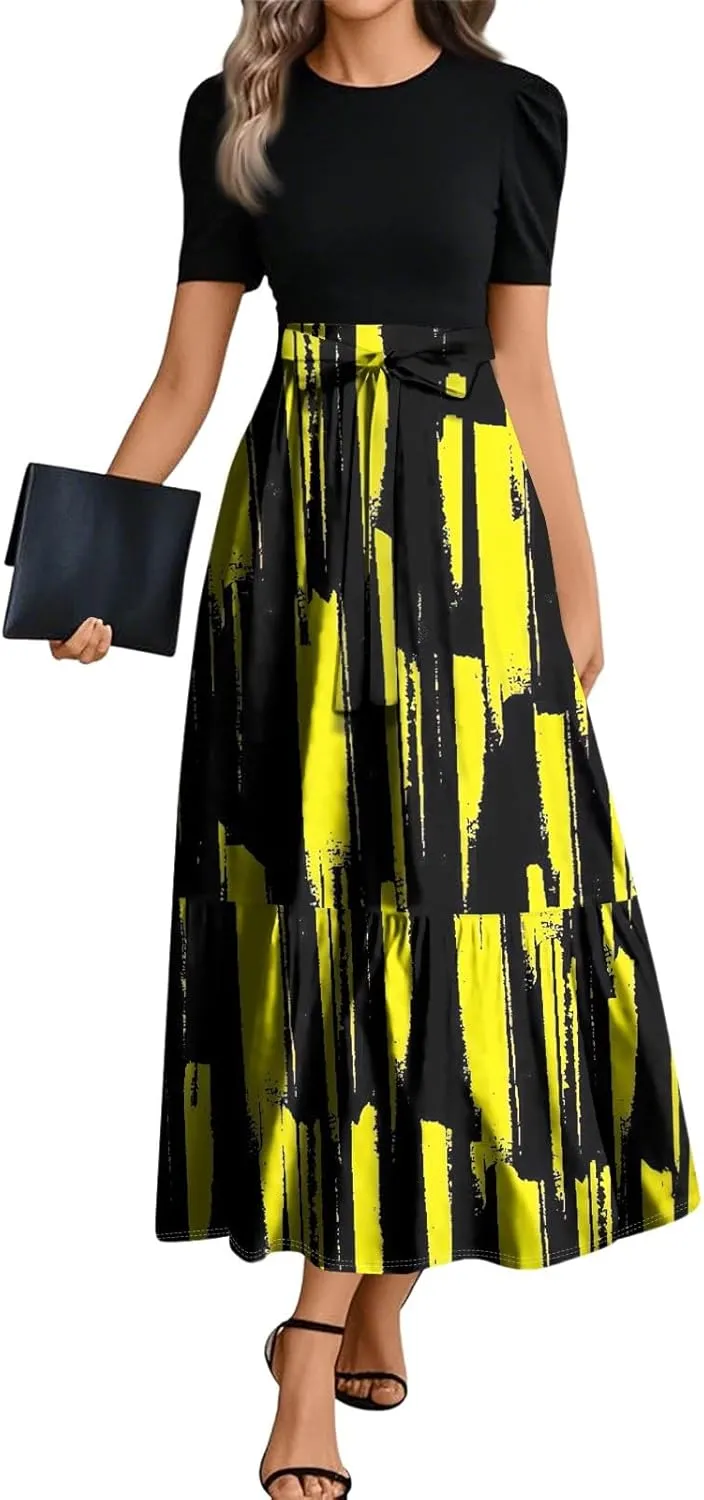 Boho Maxi Dresses Summer Tie Waist Church Dresses Short Sleeve Floral Wrap Dress Cute Beach Wedding with Belt