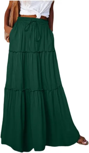 Boho Skirt for Women High Waist A Line Flowy Tiered Skirts Summer Floral Pleated Ruffle Long Maxi Skirt with Pockets