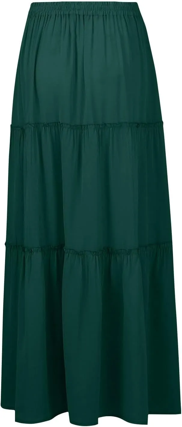 Boho Skirt for Women High Waist A Line Flowy Tiered Skirts Summer Floral Pleated Ruffle Long Maxi Skirt with Pockets