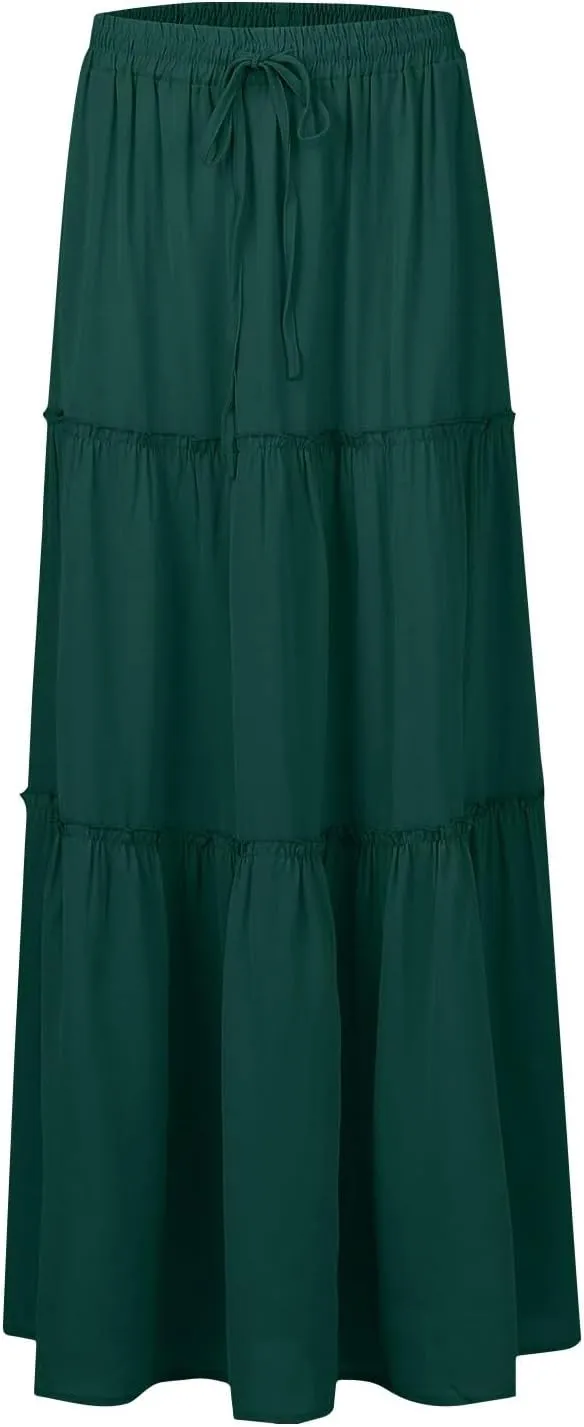 Boho Skirt for Women High Waist A Line Flowy Tiered Skirts Summer Floral Pleated Ruffle Long Maxi Skirt with Pockets