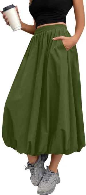 Bubble Midi Skirts for Women Trendy 2025 Summer Vacation Elastic High Waisted Flowy Long Skirt with Pockets