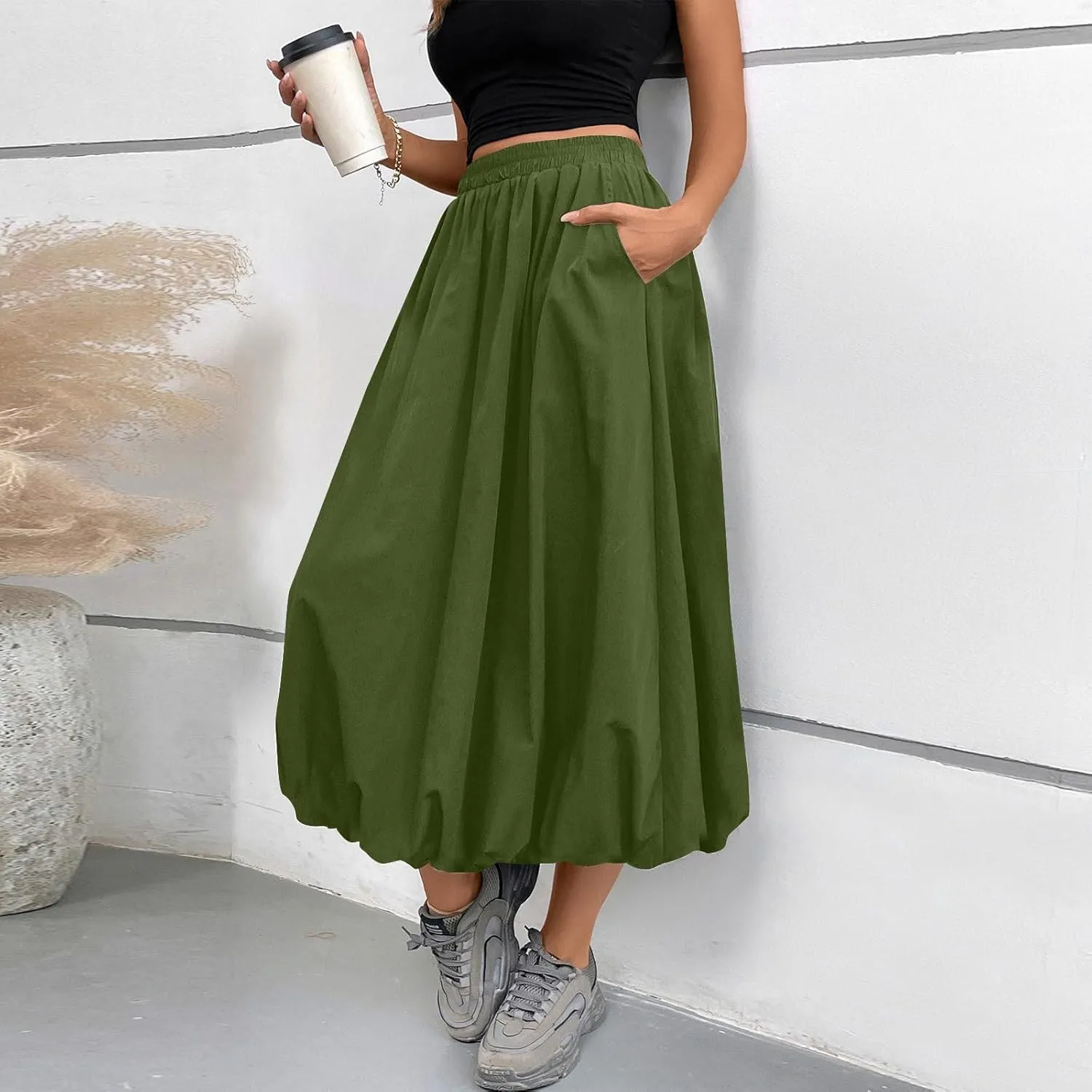 Bubble Midi Skirts for Women Trendy 2025 Summer Vacation Elastic High Waisted Flowy Long Skirt with Pockets