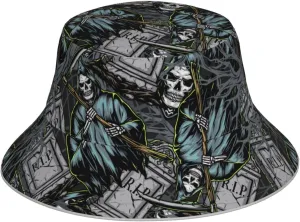 Bucket Hats for Men Woman - Reversible Grim Reaper Tombstones Pattern Reflective-Brim Beach Bucket Hat, Double-Side-Wear Sun Boonie Hat for Golf Ravel Outdoor Fishing Hiking Black