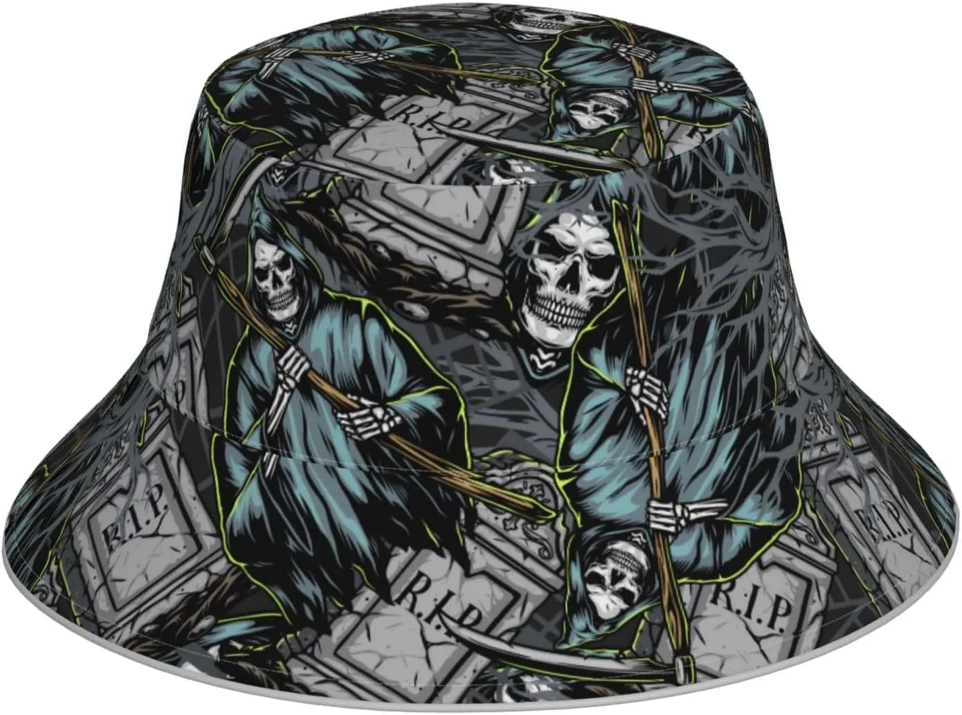 Bucket Hats for Men Woman - Reversible Grim Reaper Tombstones Pattern Reflective-Brim Beach Bucket Hat, Double-Side-Wear Sun Boonie Hat for Golf Ravel Outdoor Fishing Hiking Black