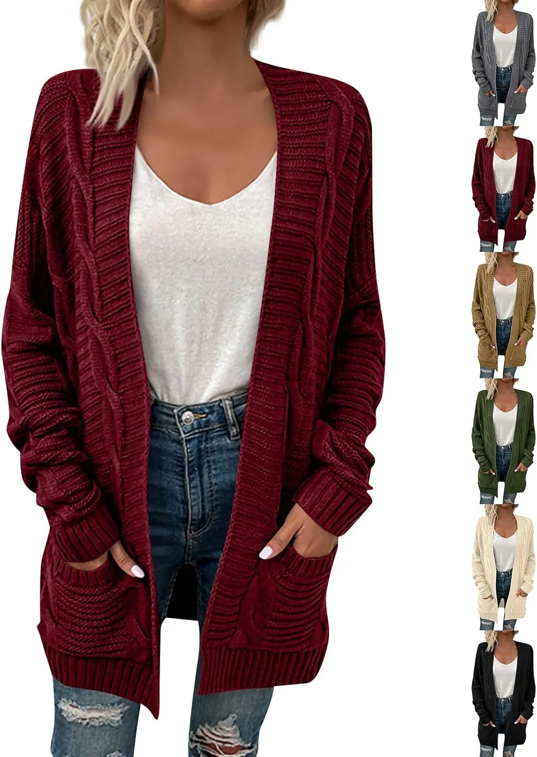 Cable Knit Sweater Women Oversized Long Sleeve Chunky Cardigan Comfy Open Front Cardigan with Pockets
