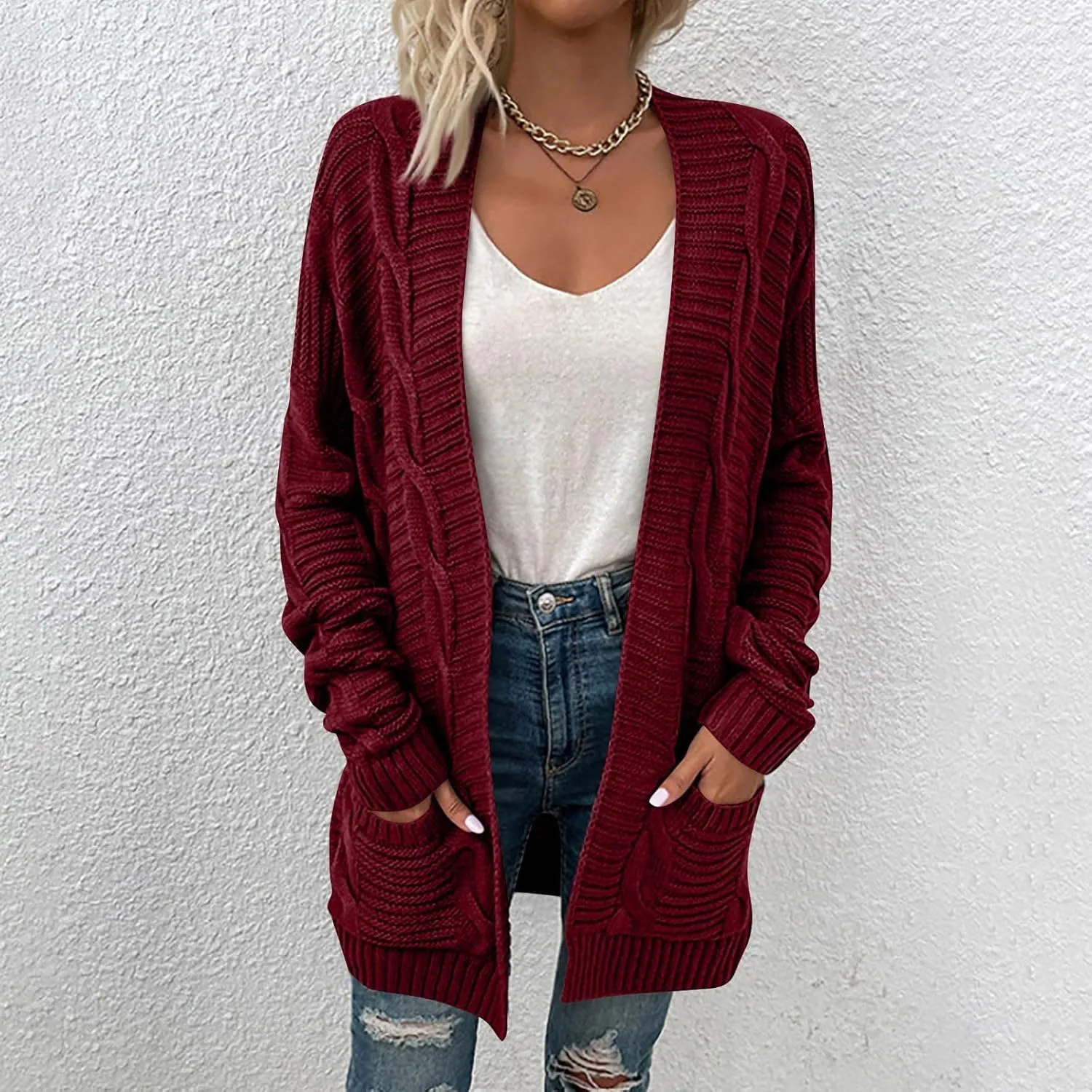 Cable Knit Sweater Women Oversized Long Sleeve Chunky Cardigan Comfy Open Front Cardigan with Pockets