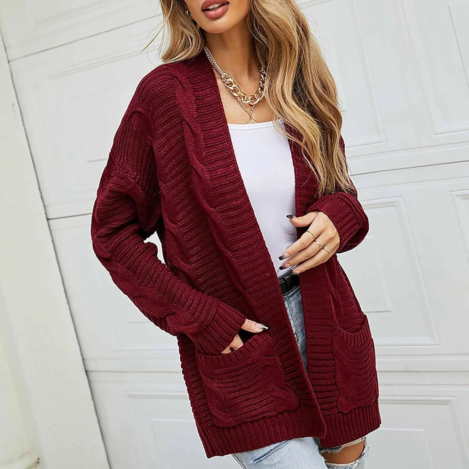 Cable Knit Sweater Women Oversized Long Sleeve Chunky Cardigan Comfy Open Front Cardigan with Pockets