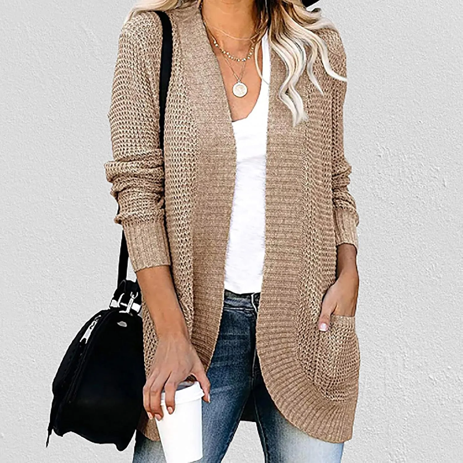 Cardigan Sweaters for Women Lightweight Long Sleeve Open Front Coat Casual Loose Knit Outwear with Pockets