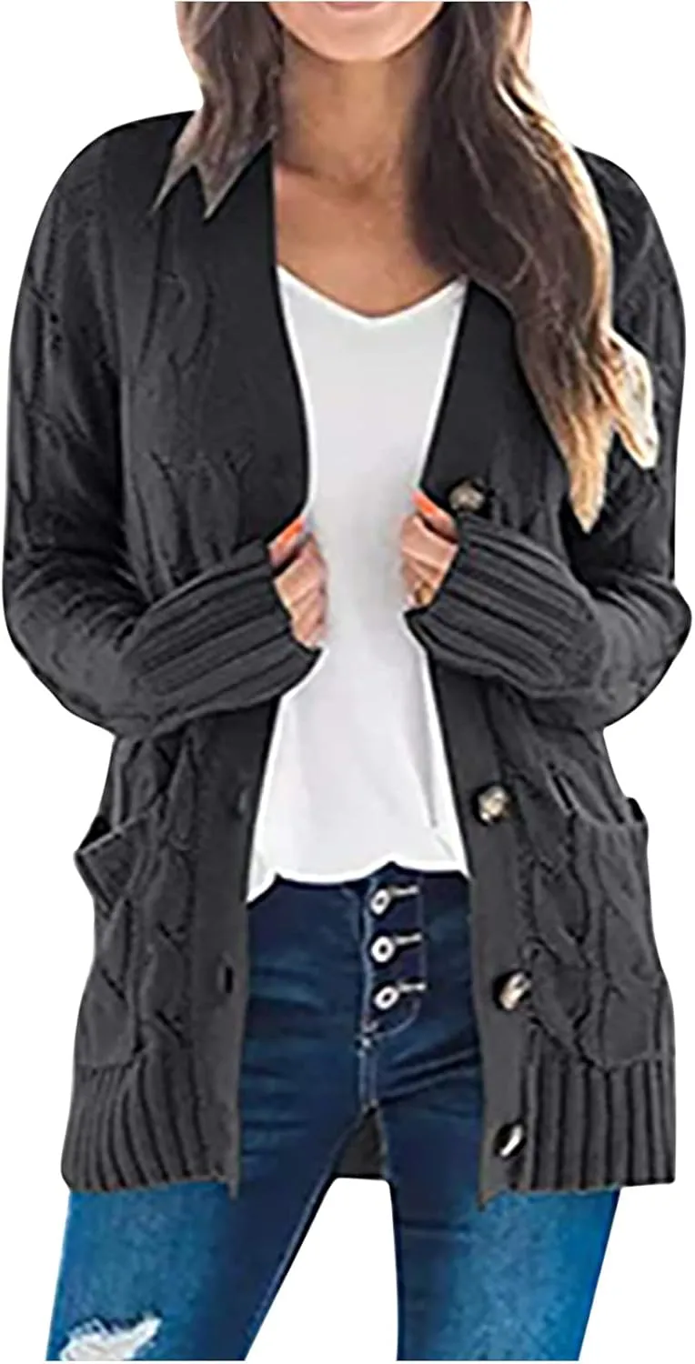 Cardigan Sweaters for Women Open Front Cardigan Sweater Fashion Button Knit Chunky Outwear Plus Size Coats Pocket