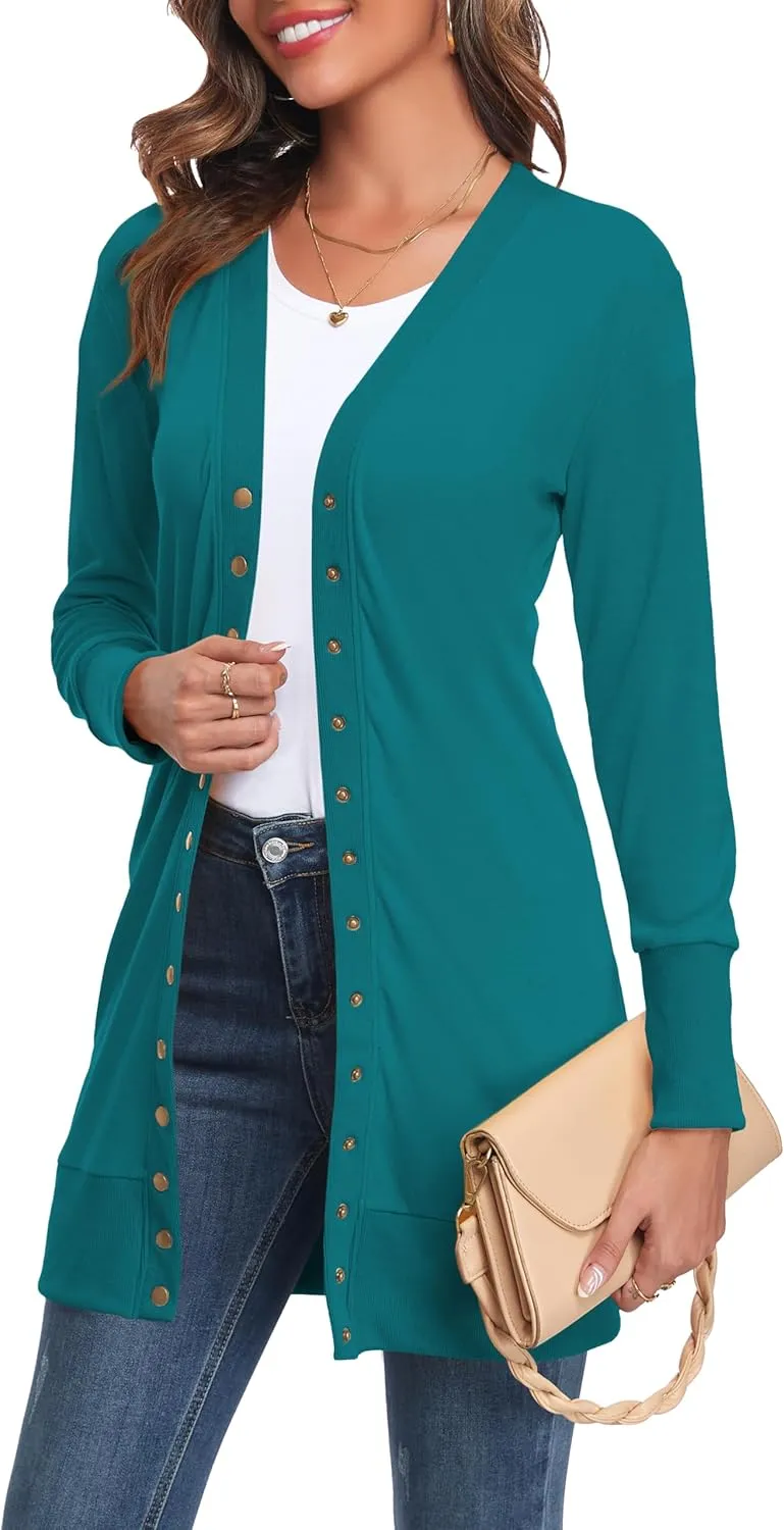 Cardigan Sweaters for Women Open Front Snap Button Knit Ribbed Cardigans Outfits