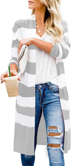 CARDYDONY Women's Long Cardigan Open Front Color Block Cardigan Knit Sweaters