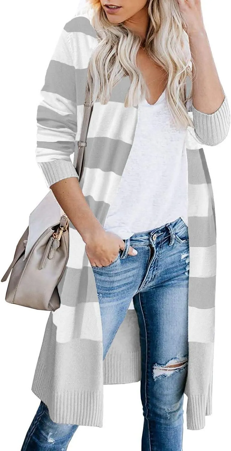 CARDYDONY Women's Long Cardigan Open Front Color Block Cardigan Knit Sweaters