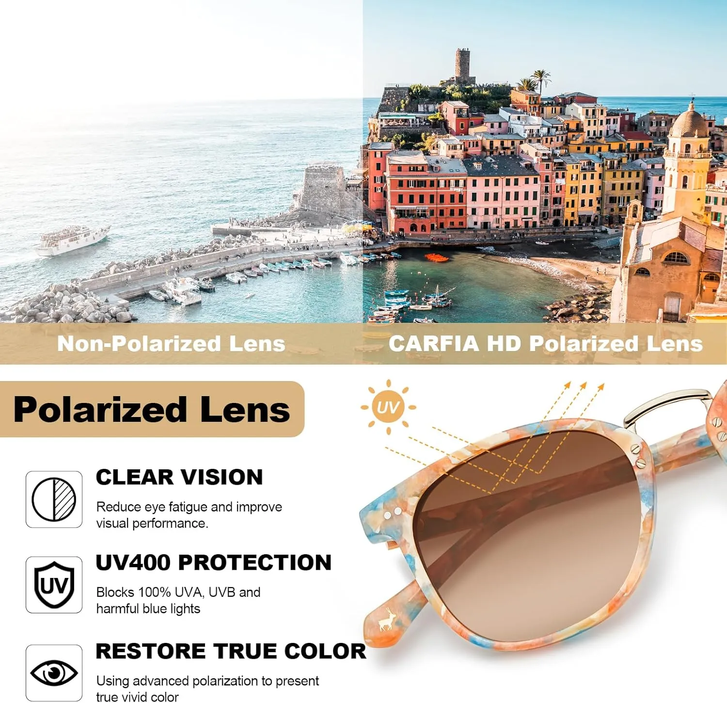 CARFIA Fashion Acetate Polarized Womens Sunglasses Small Face Retro Metal Bridge Sunnies CA5015
