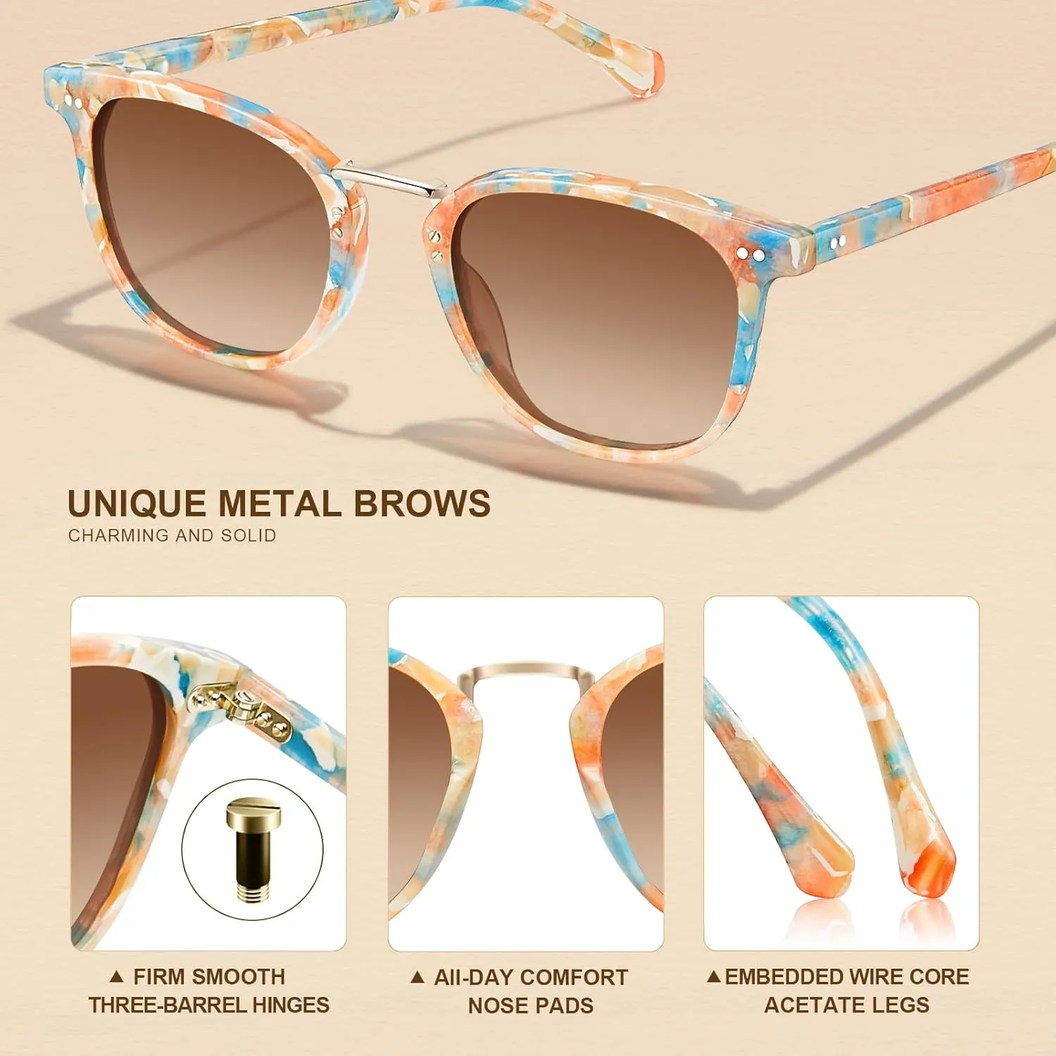 CARFIA Fashion Acetate Polarized Womens Sunglasses Small Face Retro Metal Bridge Sunnies CA5015